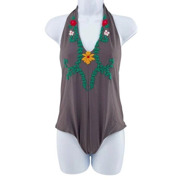 Posh Pua Gray Halter One‎ Piece Embroidered Bikini - Picture 1 of 5
